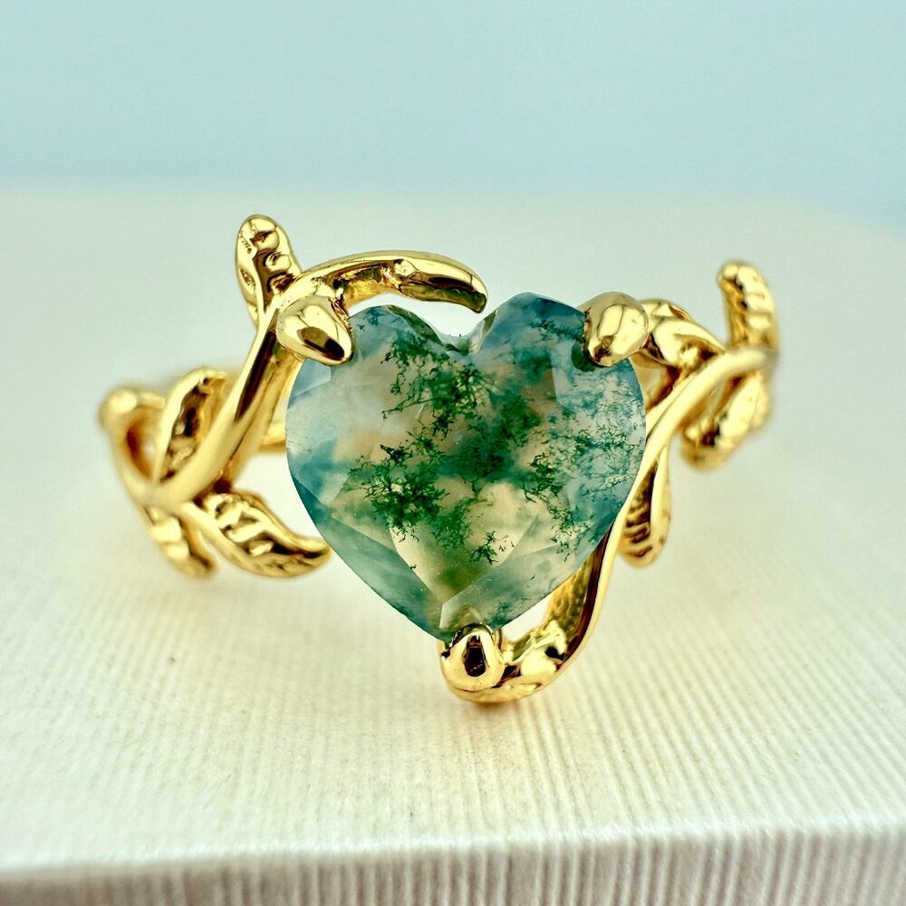 Heart Cut Moss Agate 14K Gold Vermeil Ring
